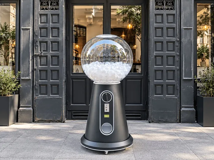 Máquina de bolas grande en la entrada de una tienda