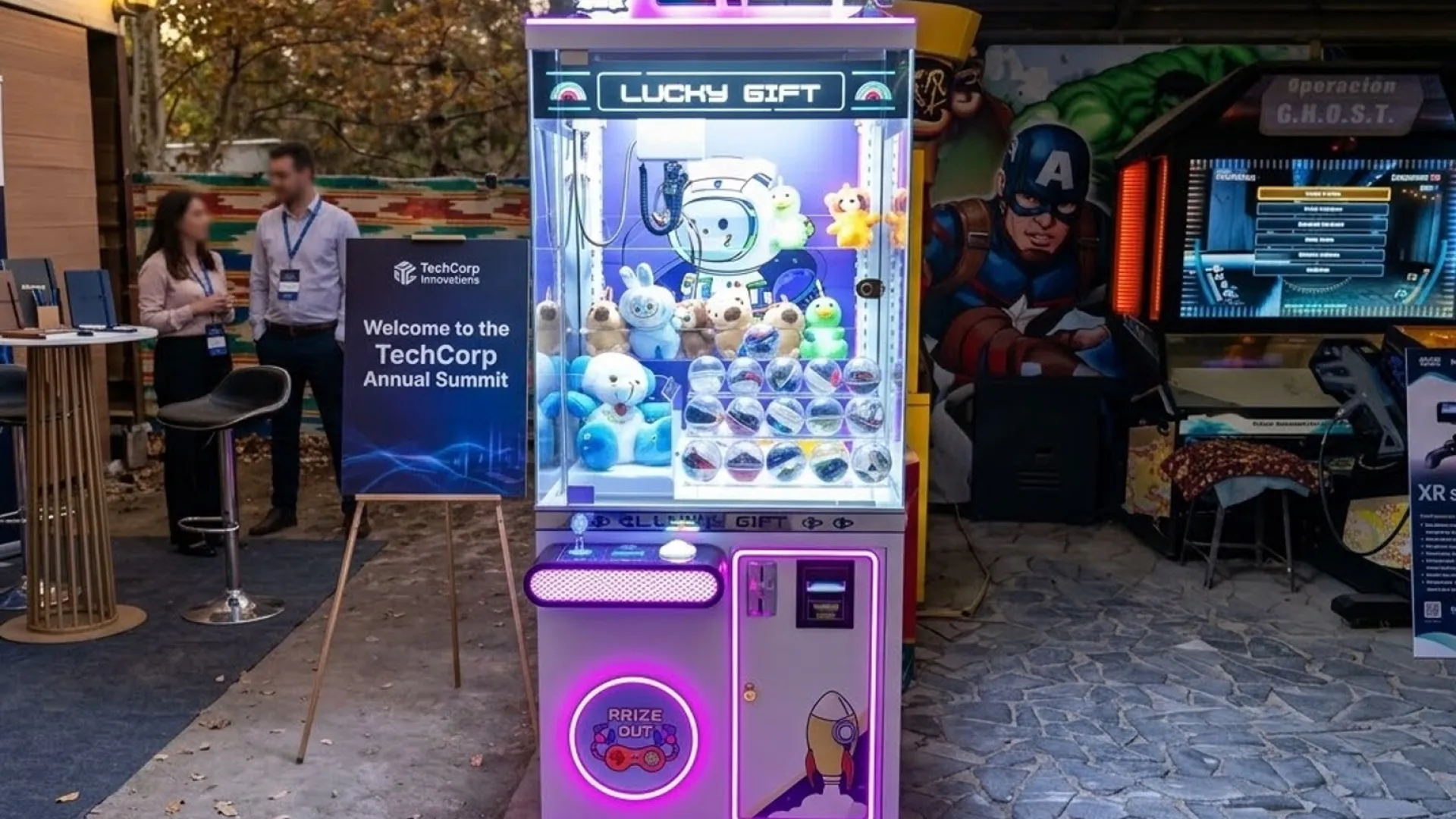 Grúa de regalos LED iluminada en un evento de empresa