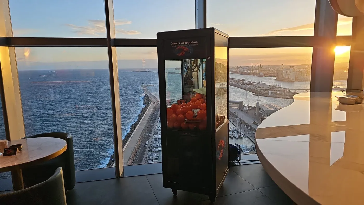 Máquina de gancho con bolas naranjas en un evento con vistas al mar