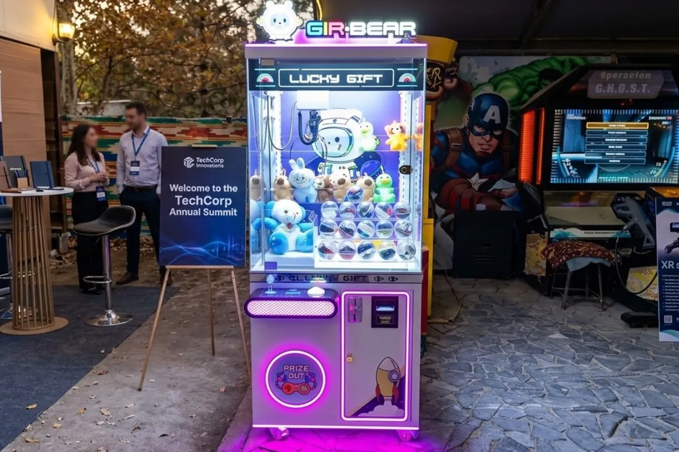 Grúa de regalos LED iluminada en un evento de empresa